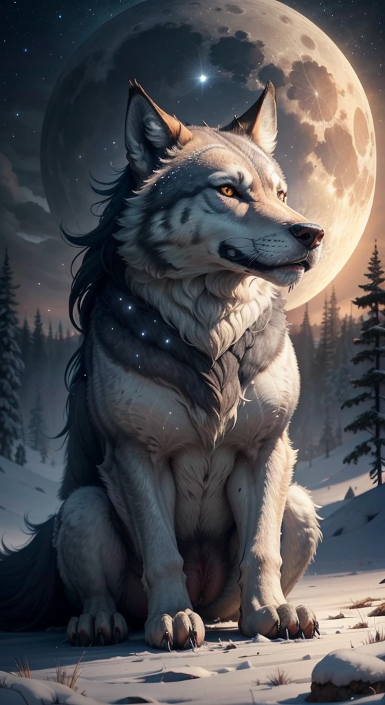 Powerful wolves,Close-up,View Night Sky,Roar into the night sky,Delicate depiction of hair,(Extremely detailed depiction of the wolf's body),Empty night sky,Transparent Nebula,pagoda,Auspicious clouds,The huge full moon shines brightly,Endless savannah,(Snowflakes flying),Winter tones,light and shadow effect,Light particle tracing,rendering by octane,Movie lighting,Surreal landscape,clear contour light,rim-light,fanciful,(8K分辨率),spotlight lights,Masterpiece,Master painting,photorealestic,realisticlying, sheath, anatomically correct fully erect canine penis, knot, balls, pre-cum leaking from tip of penis