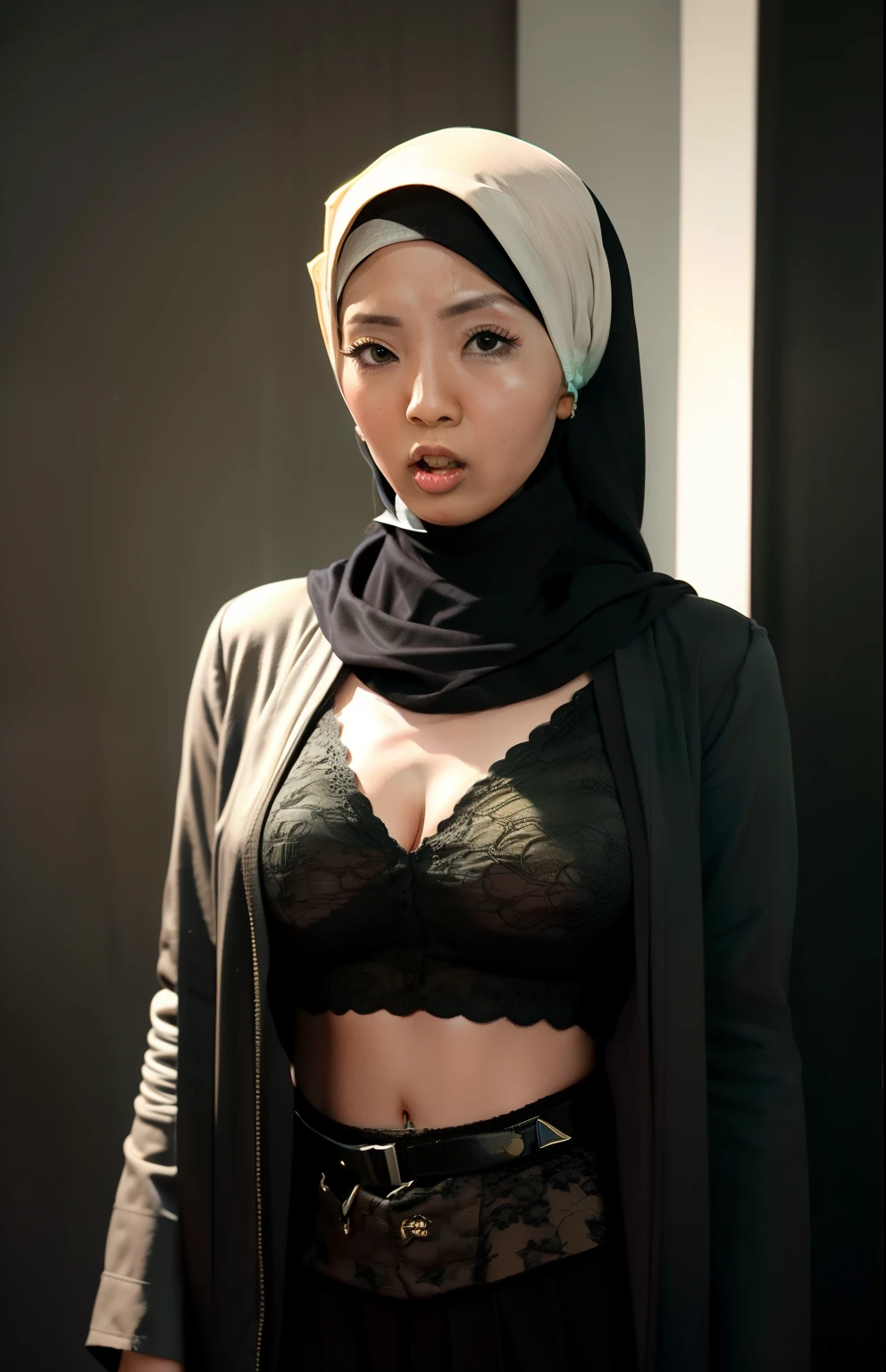 Beautiful fair skin matured malay girl in hijab seating in crowded meeting room angry, 50 years old, milf, angry pose, angry face, ultra detail face, detail skin texture and wrinkle, crowded meeting room, evening, wearing hijab, lilac color hijab, laced black bra and panties, small breast, wide waist, thick thighs, bright lighting, white lighting, dramatic lighting, high quality, cinematic movie shot angle and framing, weeding ring, bracelet and watch, nsfw, show pubic hair, naked, show vagina, seductive face,