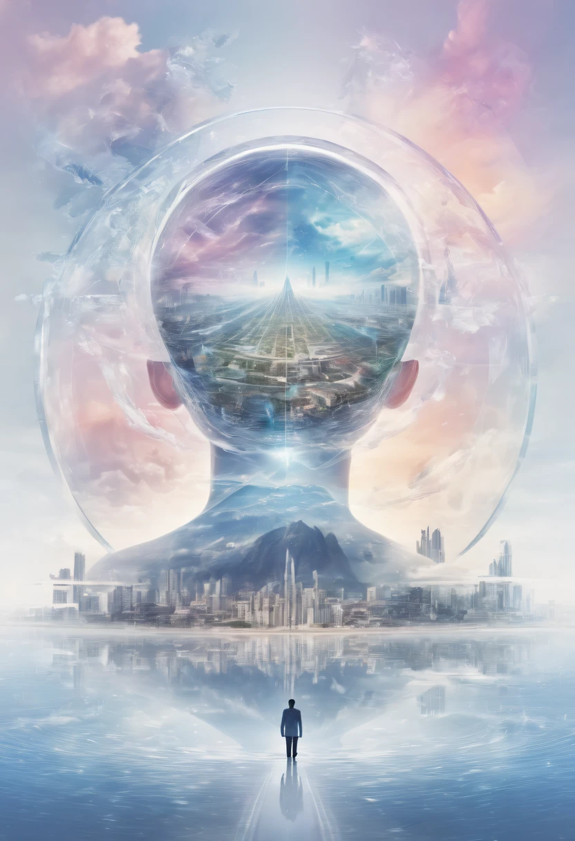 Transparent avatar,Visionary image of a future utopian world,(multiple exposure:1.8),Complex illustrations in surrealist art style,Surreal dreams,Future utopian world dream