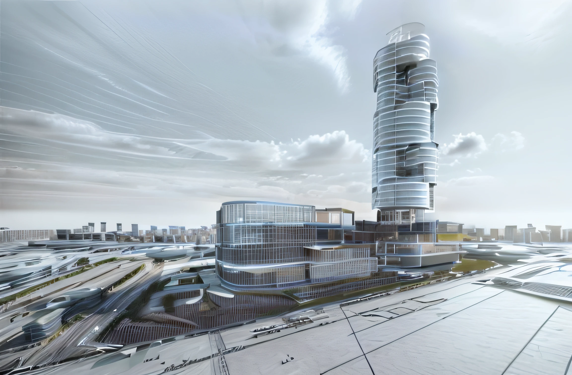 a drawing of a building with a tower in the background, architectural concept, architectural sketch, concept drawing, architecture render, architectural illustration, architecture concept, conceptual rendering, etching render, 3d wireframe, line sketch, architectural concepts, architecture drawing, architectural render, concept sketch, digital sketch, architectural 3 d render, architectural rendering, concept illustration, sketch illustration, conceptual