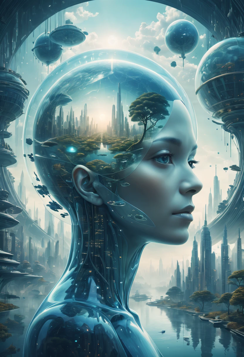 Transparent avatar,Vision of a future utopian world,(multiple exposure:1.8),Complex illustrations in surrealist art style,Surreal dreams,Future utopian world dream