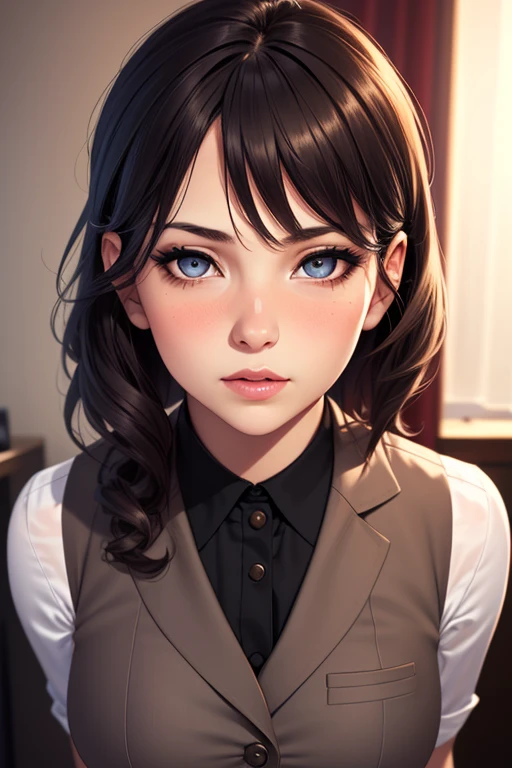 Best Quality, masutepiece, (Photorealistic:1.4), Wallpaper, 1girl in, crass room, blush,vests, Blazer, pantyhose, (((Detailed face))), Pleated skirt, heels, sleek, Dark hair, grey  eyes, (((beautidful eyes))), 8K