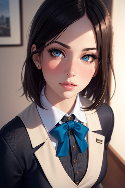 Best Quality, masutepiece, (Photorealistic:1.4), Wallpaper, 1girl in, crass room, blush,vests, Blazer, pantyhose, (((Detailed face))), Pleated skirt, heels, sleek, Dark hair, grey eyes, (((beautidful eyes))), 8K