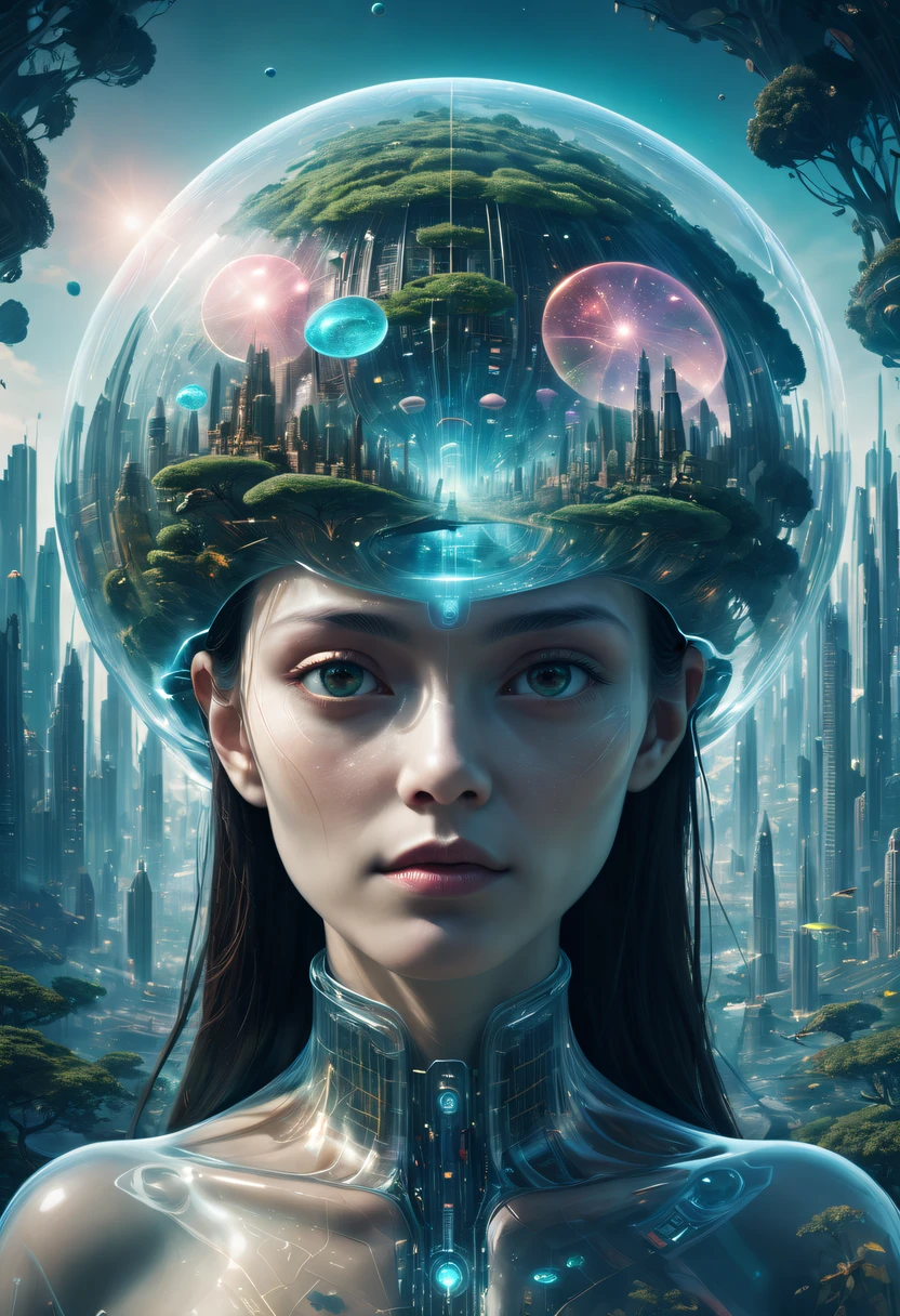Transparent person avatar,Vision of a future utopian world,(multiple exposure:1.8),Complex illustrations in surrealist art style,Surreal dreams,Future utopian world dream