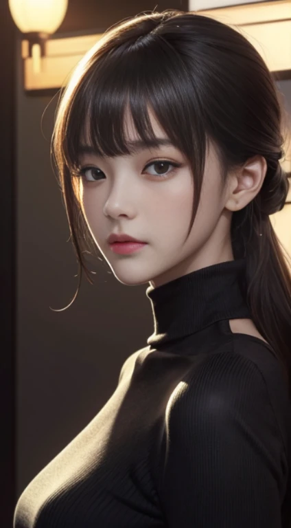 ​masterpiece, 1 beautiful girls, detaileds, Swollen eyes, top-quality, 超A high resolution, (现实: 1.4), OriginalPhotographs, 1girl in, 电影灯光, (A smile,:0.5) japanes, Asian Beauty, Korean, Proper, very extremely beautiful, Slightly younger face, Beautiful skins, slender, cyberpunk backgrouns, (A hyper-realistic), (illustratio), (hight resolution), (8K), (ighly detailed), (The best illustrations), (beautifully detailed eyes), (ultra-detailliert), (wall-paper), (详细的脸), looking at the viewers, fine detailed, A detailed face、deep-shadows、Unobtrusive、pureerosfaceace_v1、46-point diagonal bangs、Facing straight ahead、(Dark red turtleneck low gauge knit blouse), Golden Buckle Belt, dark brown leather pants, Black colored eyes、