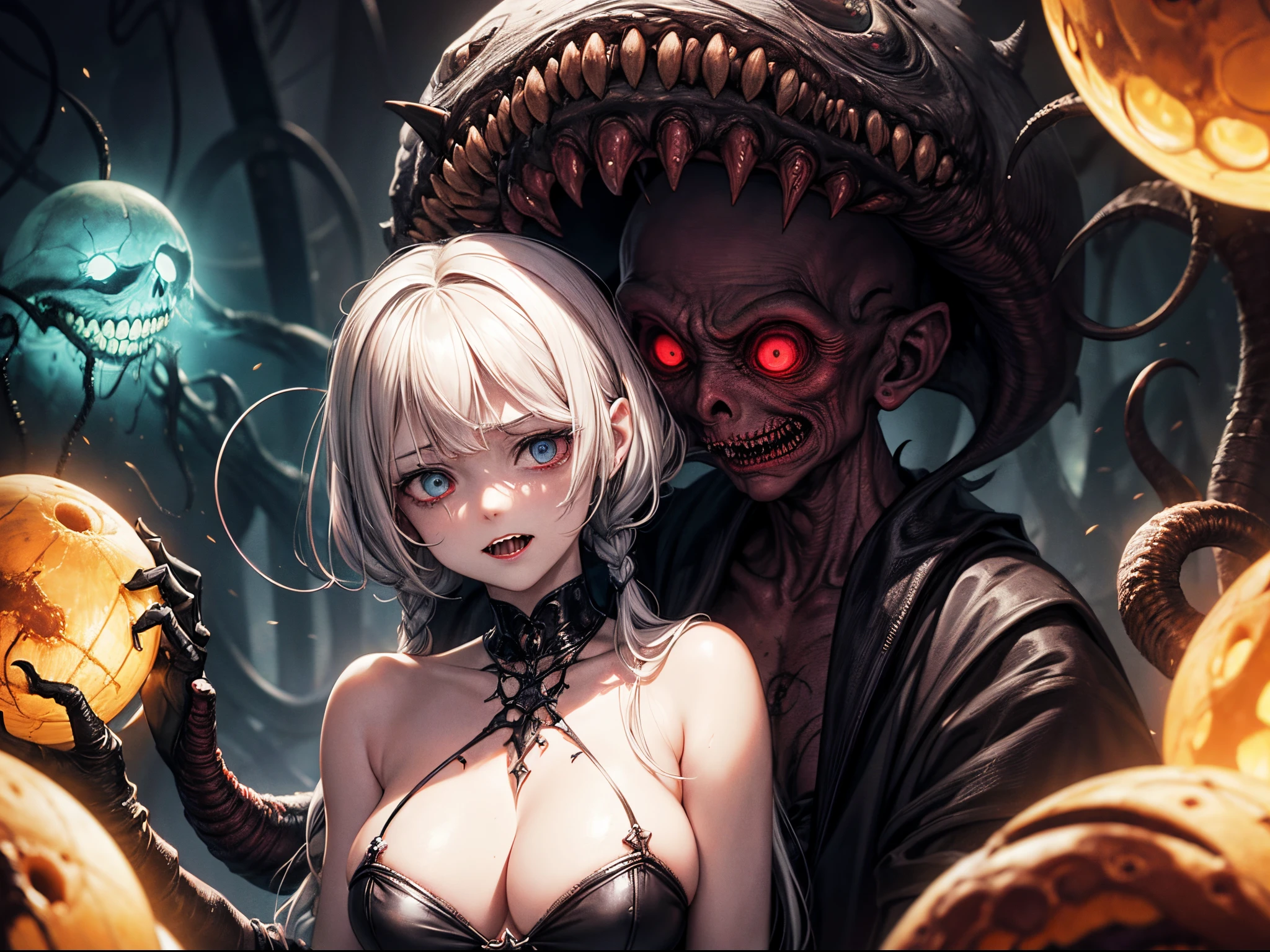 Inject a touch of dark humor into the Lovecraftian horror by visualizing quirky and comically absurd eldritch augmentations powered by Leonardo AI. Picture characters interacting with bizarre and unexpected horrors in a way that adds a comedic twist to the unsettling atmosphere. This prompt aims to balance horror with humor. enormous tits