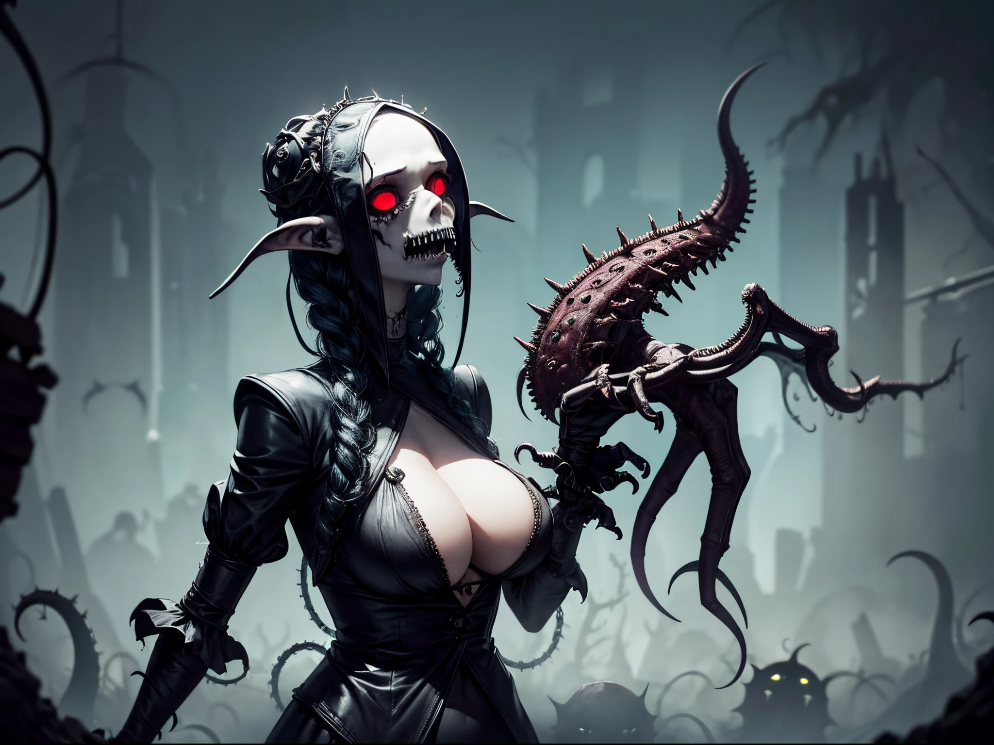 Inject a touch of dark humor into the Lovecraftian horror by visualizing quirky and comically absurd eldritch augmentations powered by Leonardo AI. Picture characters interacting with bizarre and unexpected horrors in a way that adds a comedic twist to the unsettling atmosphere. This prompt aims to balance horror with humor. enormous tits