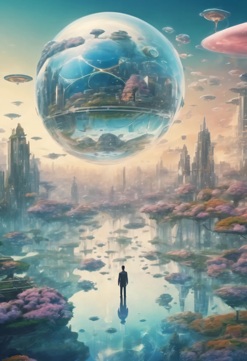 Dubrec style,Transparent avatar,Visionary image of a future utopian world,(multiple exposure:1.8),Complex illustrations in surrealist art style,Surreal dreams,Future utopian world dream