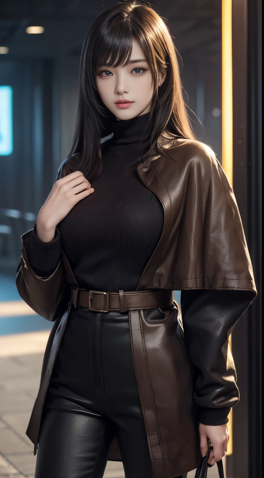 masterpiece, 1 beautiful girls, detaileds, Swollen eyes, top-quality, 超A high resolution, (现实: 1.4), OriginalPhotographs, 1girl in, 电影灯光, (A smile,:0.5) japanes, Asian Beauty, Korean, Proper, very extremely beautiful, Slightly younger face, Beautiful skins, slender, cyberpunk backgrouns, (A hyper-realistic), (illustratio), (hight resolution), (8K), (ighly detailed), (The best illustrations), (beautifully detailed eyes), (ultra-detailliert), (wall-paper), (详细的脸), looking at the viewers, fine detailed, A detailed face、deep-shadows、Unobtrusive、pureerosfaceace_v1、46-point diagonal bangs、Facing straight ahead、(Dark red turtleneck low gauge knit blouse), Golden Buckle Belt, Black leather pants, ((dark brown duffel coat)),、Black colored eyes、