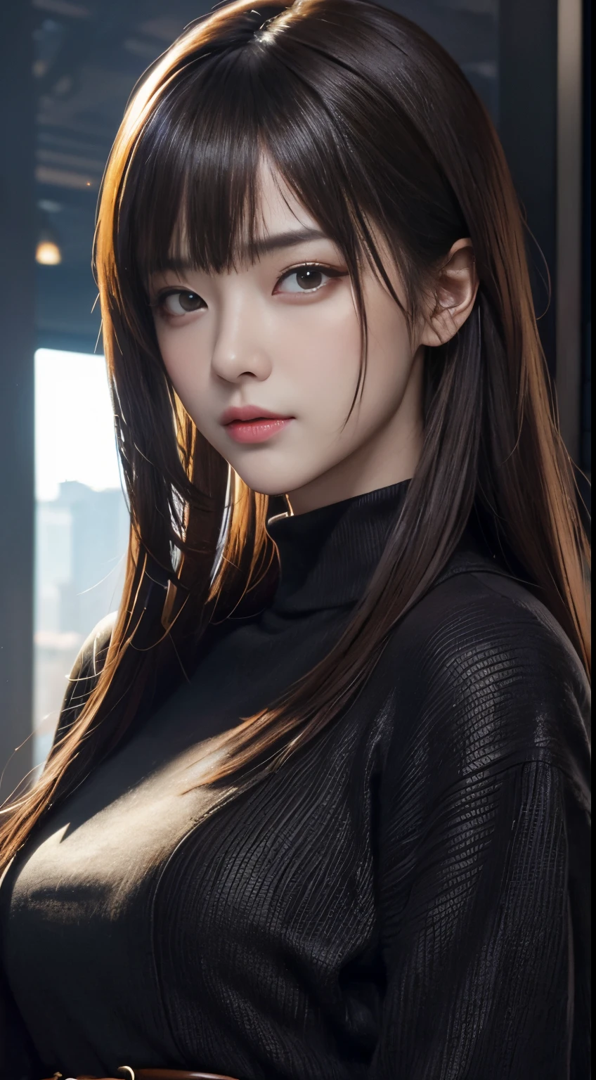 ​masterpiece, 1 beautiful girls, detaileds, Swollen eyes, top-quality, 超A high resolution, (现实: 1.4), OriginalPhotographs, 1girl in, 电影灯光, (A smile,:0.5) japanes, Asian Beauty, Korean, Proper, very extremely beautiful, Slightly younger face, Beautiful skins, slender, cyberpunk backgrouns, (A hyper-realistic), (illustratio), (hight resolution), (8K), (ighly detailed), (The best illustrations), (beautifully detailed eyes), (ultra-detailliert), (wall-paper), (详细的脸), looking at the viewers, fine detailed, A detailed face、deep-shadows、Unobtrusive、pureerosfaceace_v1、46-point diagonal bangs、Facing straight ahead、(Dark red turtleneck low gauge knit blouse), Golden Buckle Belt, Black leather pants, ((dark brown duffel coat)),、Black colored eyes、