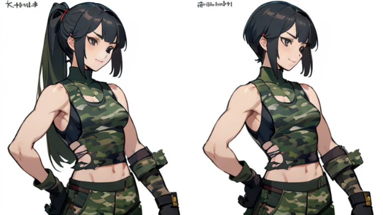 ((Best Quality)), ((Masterpiece)), ((Realistic)) 24 year old, filipina, shoulder length hair, confident smirk ((athletic)) (small breasts), ((( camouflage uniform, torn tank top, gloves and torn military pants ))) ((sexy)) short hairstyle (((detailed character sheet, frontal view, side view, three quarter view))) (((white background))) 6 and a half heads full body