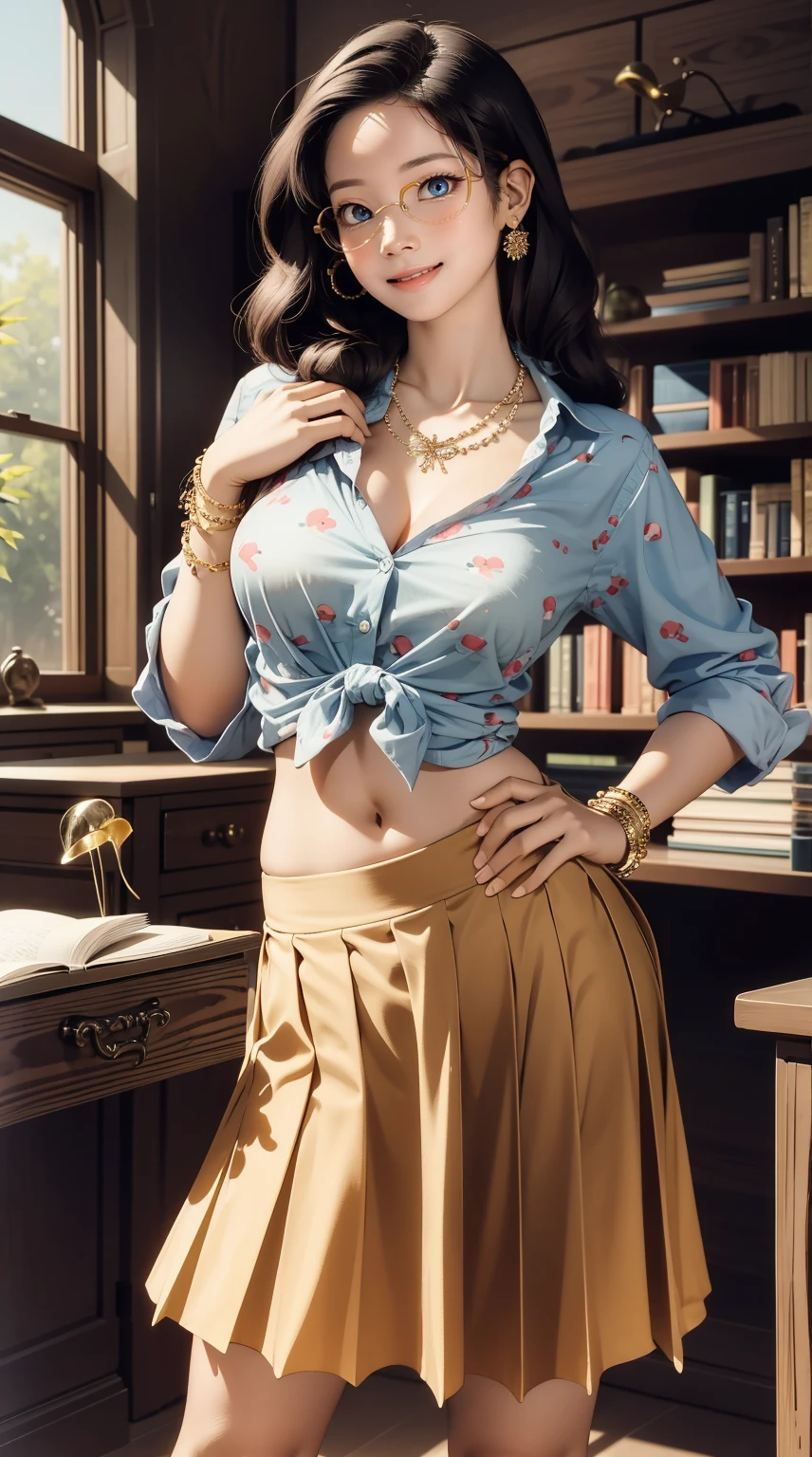 (masterpiece, best quality), 1 girl, curvaceous perfect body, nice breasts, wavy hair, hairband, glasses, printed blouse, pleated skirt, bracelet, necklace, library, natural lighting, standing pose, contrapposto, morning