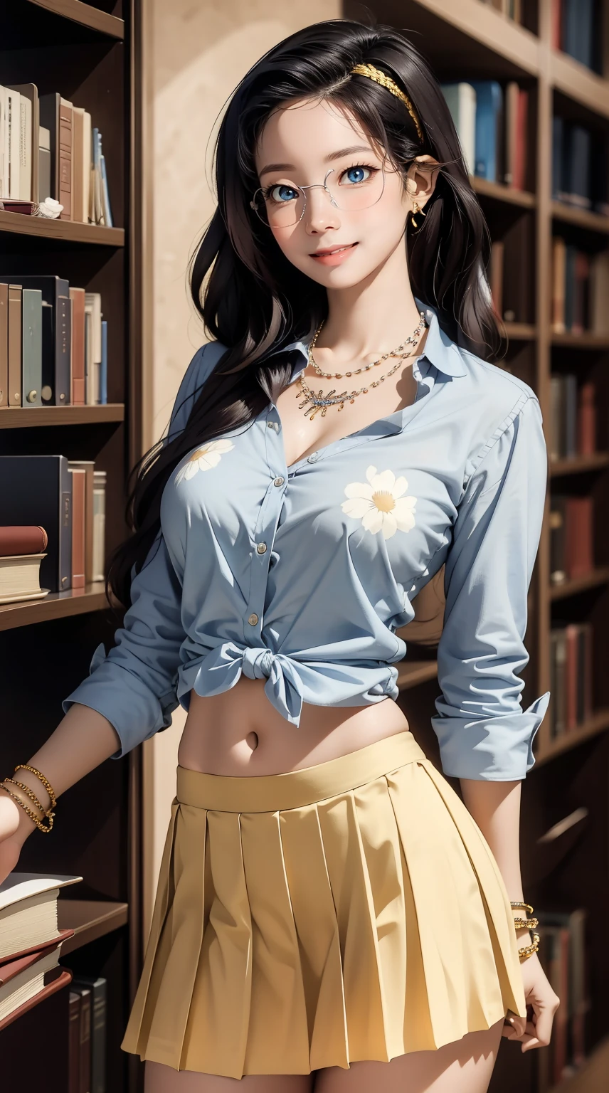 (masterpiece, best quality), 1 girl, curvaceous perfect body, nice breasts, wavy hair, hairband, glasses, printed blouse, pleated skirt, bracelet, necklace, library, natural lighting, standing pose, contrapposto, morning