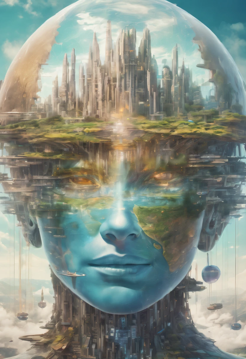 Dubrec style，Transparent avatar，Visionary image of a future utopian world，（multiple exposure：1.8），Complex illustrations in surrealist art style，Surreal dreams，Future utopian world dream