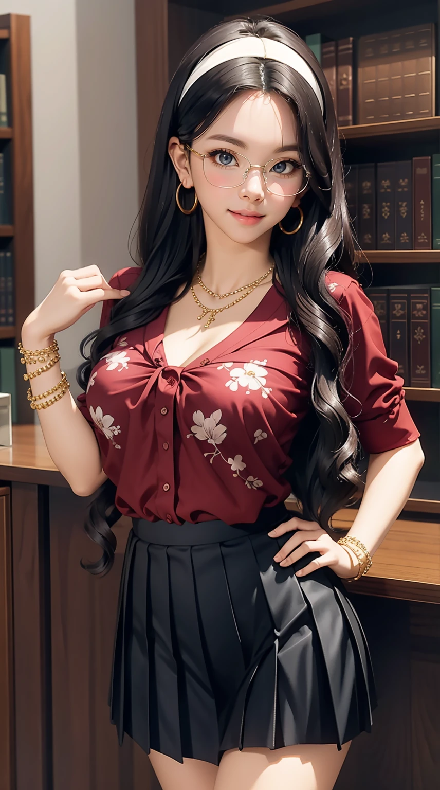 (masterpiece, best quality), 1 girl, curvaceous perfect body, nice breasts, wavy hair, hairband, glasses, printed blouse, pleated skirt, bracelet, necklace, library, natural lighting, standing pose, contrapposto, morning