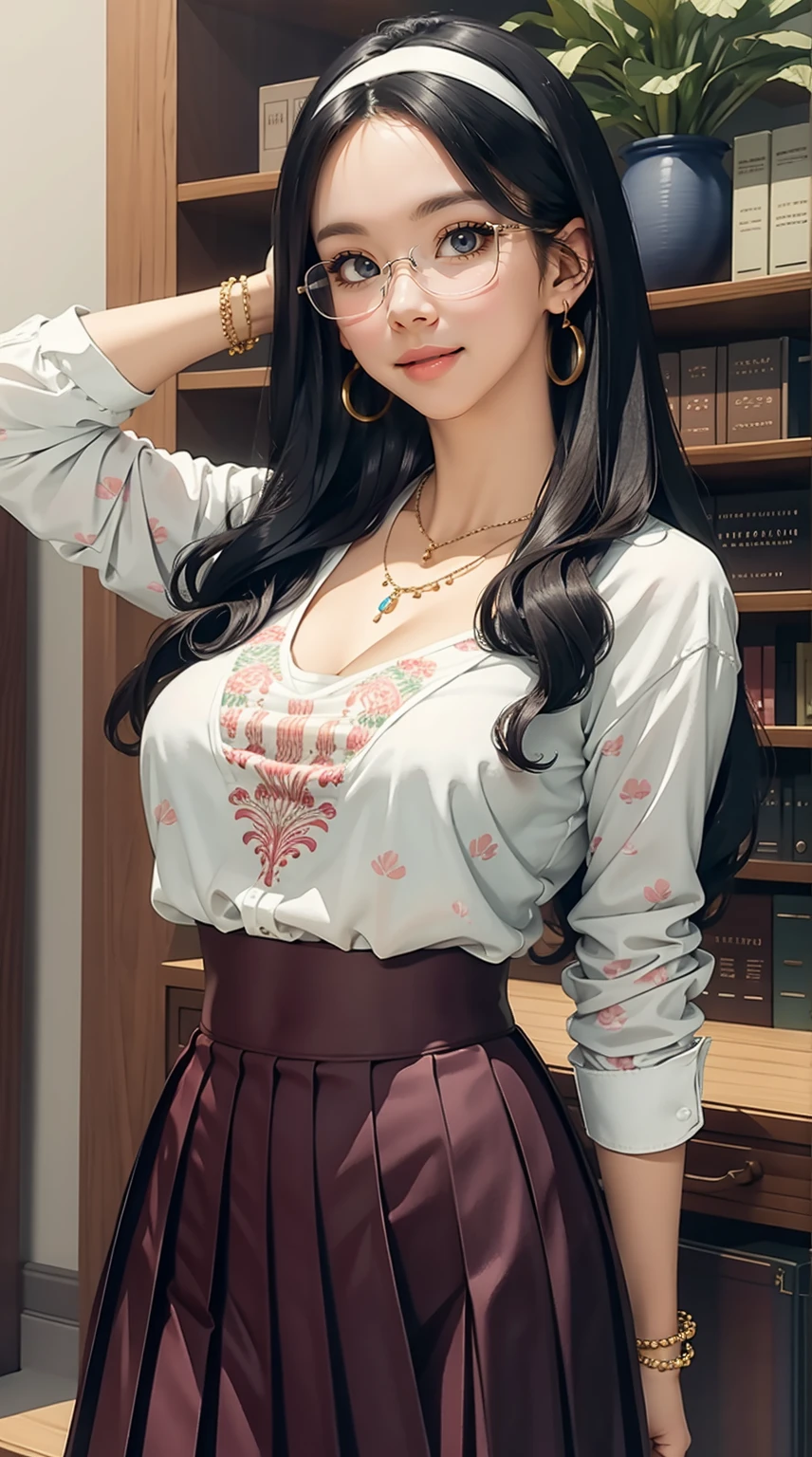 (masterpiece, best quality), 1 girl, curvaceous perfect body, nice breasts, wavy hair, hairband, glasses, printed blouse, pleated skirt, bracelet, necklace, library, natural lighting, standing pose, contrapposto, morning