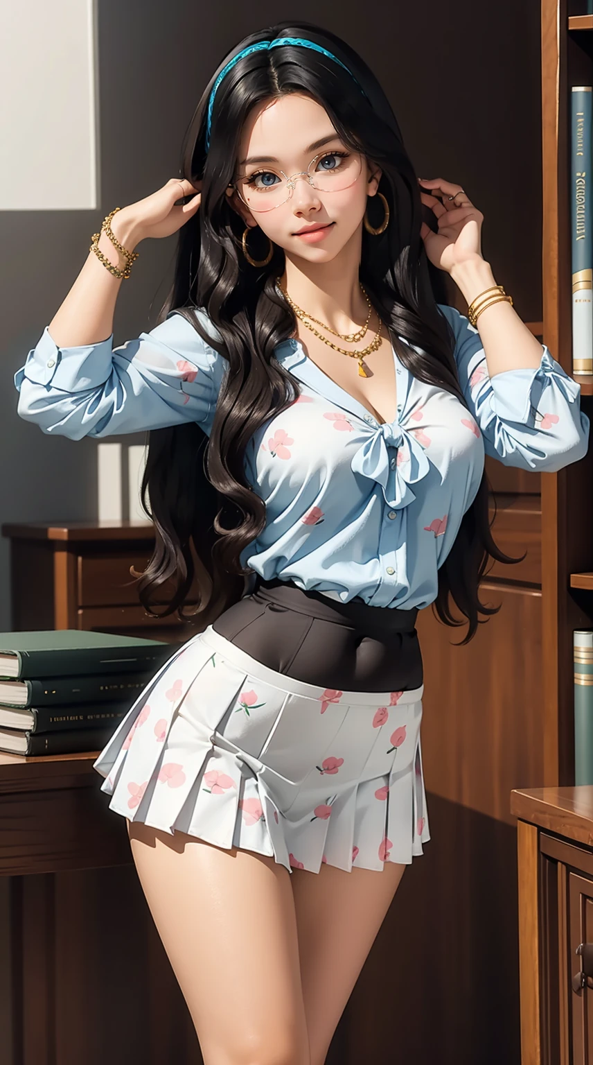 there is a woman in a skirt and shirt posing on a bed, dressed as schoolgirl, school girl, cute schoolgirl, of a schoolgirl posing, realistic , wearing a , hyperrealistic , wearing headmistress uniform, a hyperrealistic , wearing , girl wearing uniform, with black pigtails,