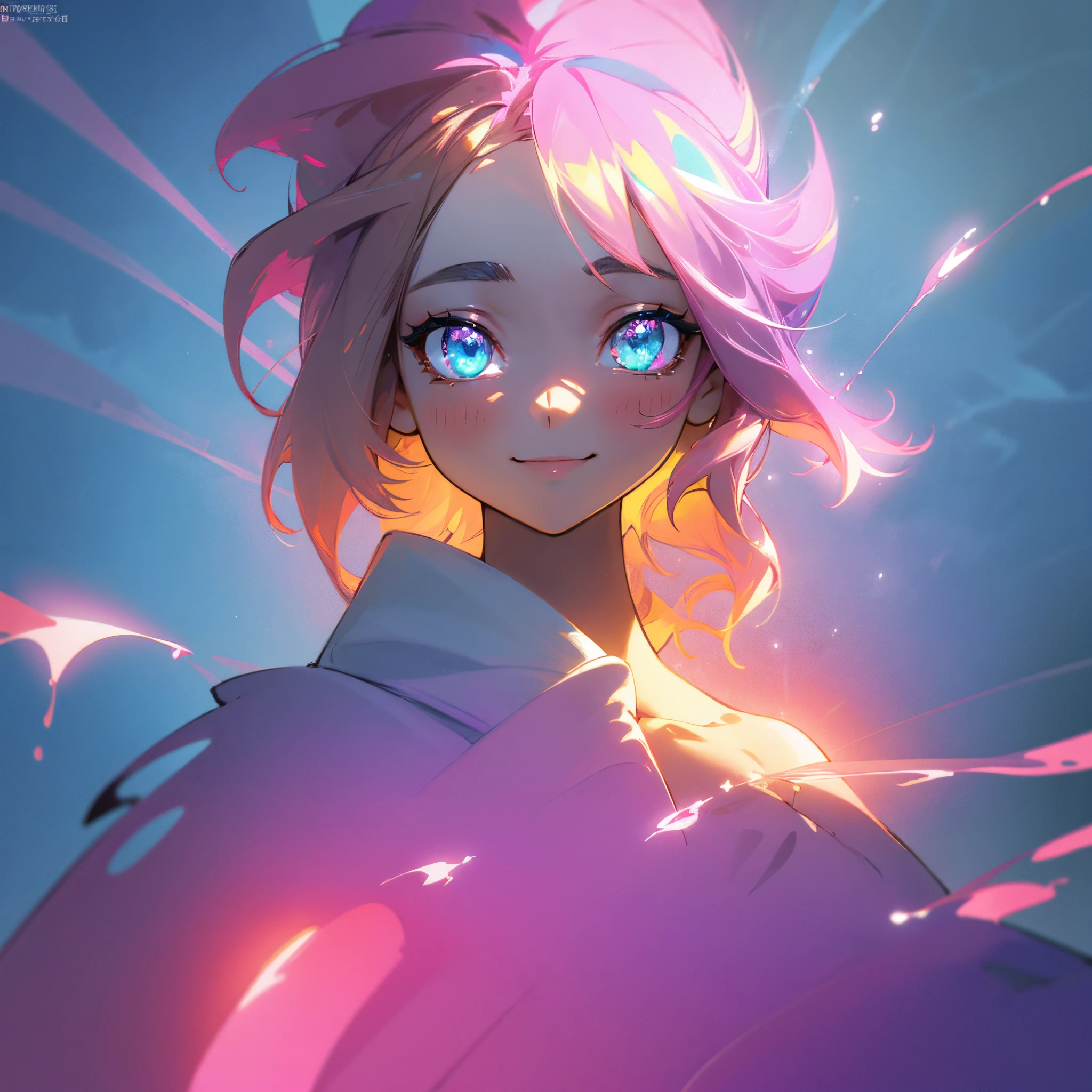 fantasy art, neon magic, beautiful girl alone, sea fairy, smiling, portrait, big picture, UHD, 128k, dreamy colors, glowing around, glow, symmetrical eyes, symmetrical nose, sparkles, emerald eyes, dark blond hair, tender pink and purple curls, cyberpunk, casual detailed closes with cute magic neon print, light background, small bust