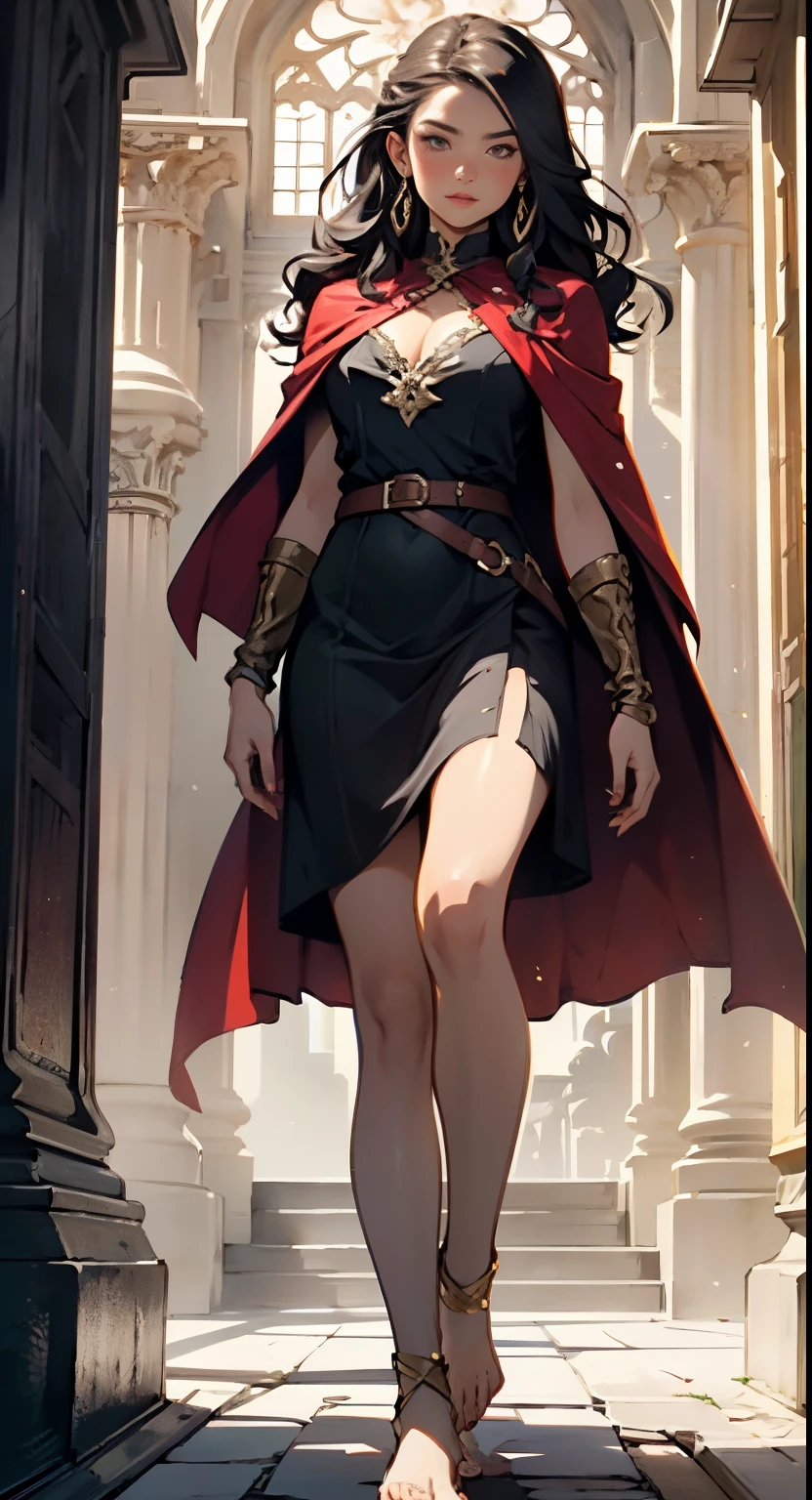 character detailing, seductive woman, hobbit, single, without shoes, bare feet, long flowing hair, bright red cape, fair skin, medieval, adventurer, fantasy, brown eyes, sultry, large sword on belt, bone and gold bracelets, lots of shadows, dark colors, revealing short flowing dress, dress with elaborate design celtics,