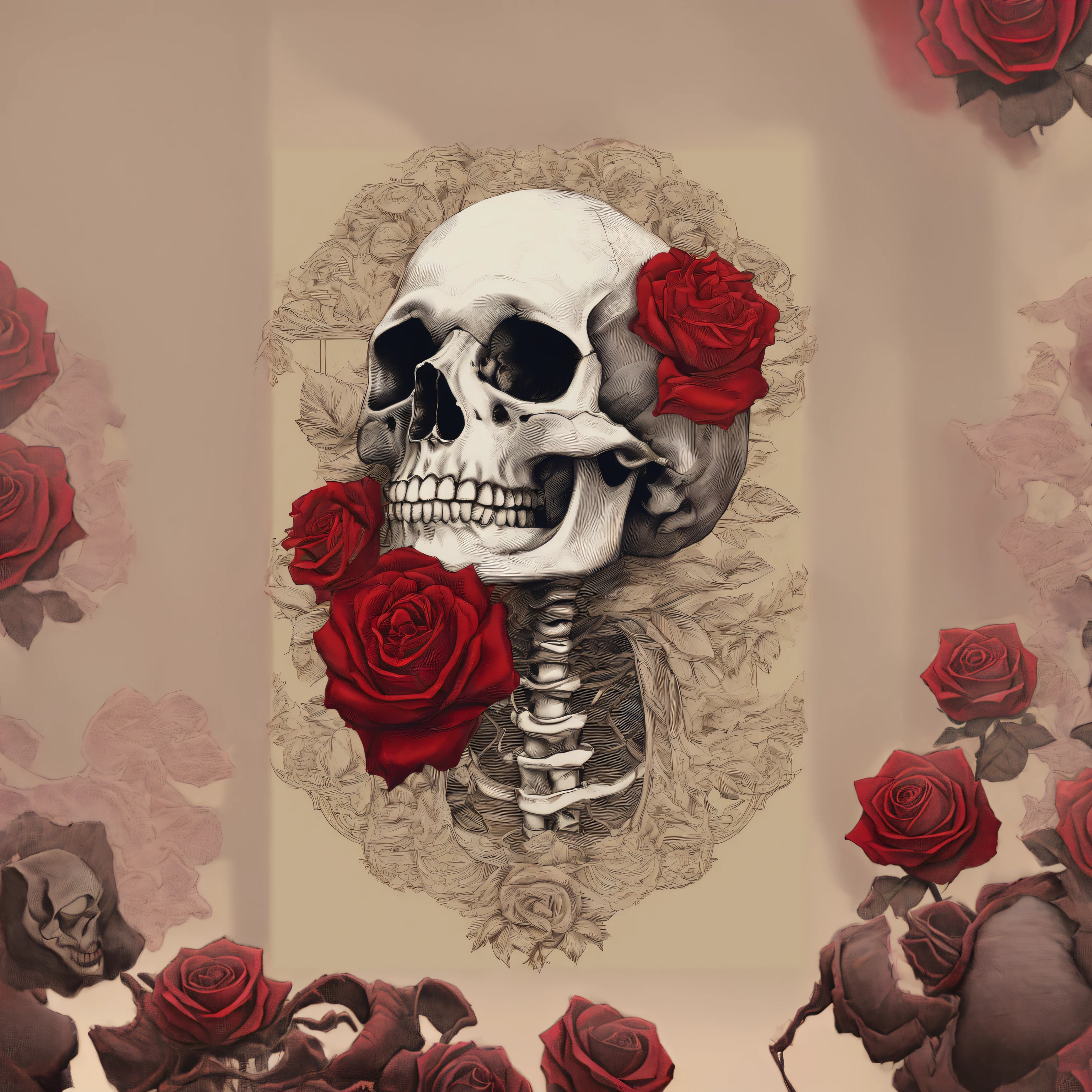 caveira e rosas em uma moldura com fundo marrom, skull made of red roses, skull bones flowers, Directed by: Galen Dara, Arte altamente detalhada em 4K, arte digital altamente detalhada, arte mais detalhada, arte vetorial altamente detalhada, Esqueleto, arte detalhada assustadora em cores, anatomical art, morphing skulls, Ossos e veias, arte assombrosamente bela