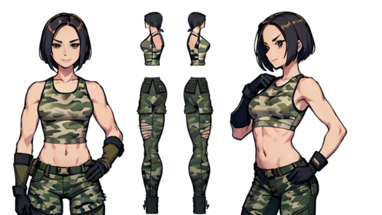 ((Best Quality)), ((Masterpiece)), ((Realistic)) 24 year old, filipina, shoulder length hair, confident smirk ((athletic)) (small breasts), ((( camouflage uniform, torn tank top, gloves and torn military pants ))) ((sexy)) short hairstyle (((detailed character sheet, frontal view, side view, three quarter view))) (((white background))) 6 and a half heads full body