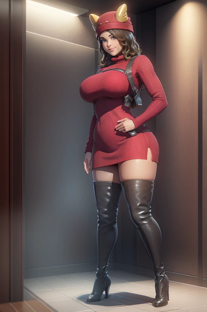 1 girl,cute, solo, ,beautiful detailed blue eyes, medium wavy hair, standing in a bathroom, smiling, looking at viewer, ,light brown hair, full body view, , whole body shot, red hat,choker, yellow scarf, red sweater, thick thighs, big breasts,  black thigh high boots