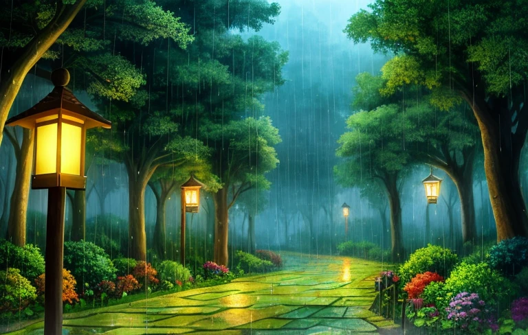 scenery, forest, village, well, rain, night, lantern,