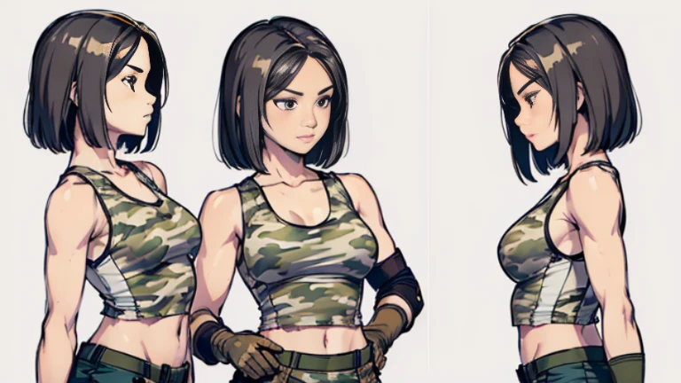 ((Best Quality)), ((Masterpiece)), ((Realistic)) 24 year old, filipina, shoulder length hair, confident smirk ((athletic)) (small breasts), ((( camouflage uniform, torn tank top, gloves and torn military pants ))) ((sexy)) short hairstyle (((detailed character sheet, frontal view, side view, three quarter view))) (((white background))) 6 and a half heads full body