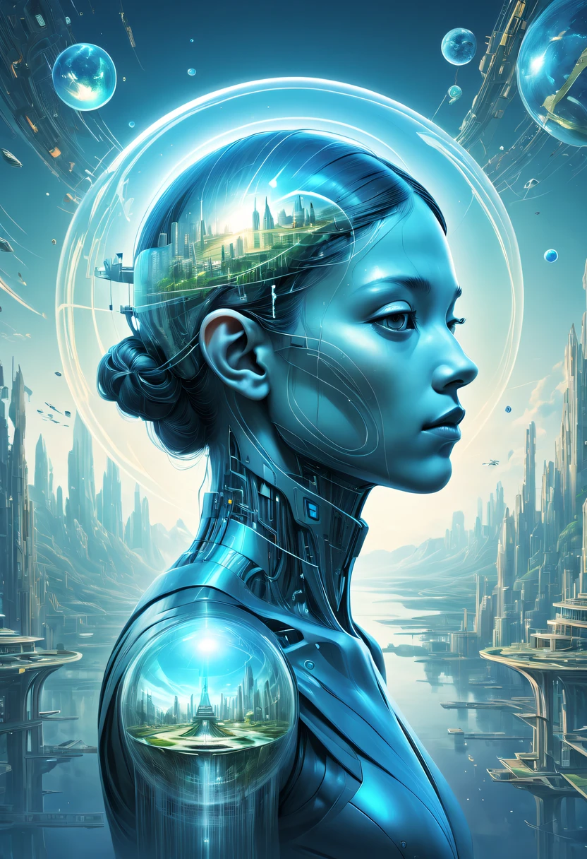 Dubrec style,Transparent person avatar,Vision of the future utopian world image,(multiple exposure:1.8),Complex illustrations in surrealist art style,Surreal dreams,Future utopian world dream