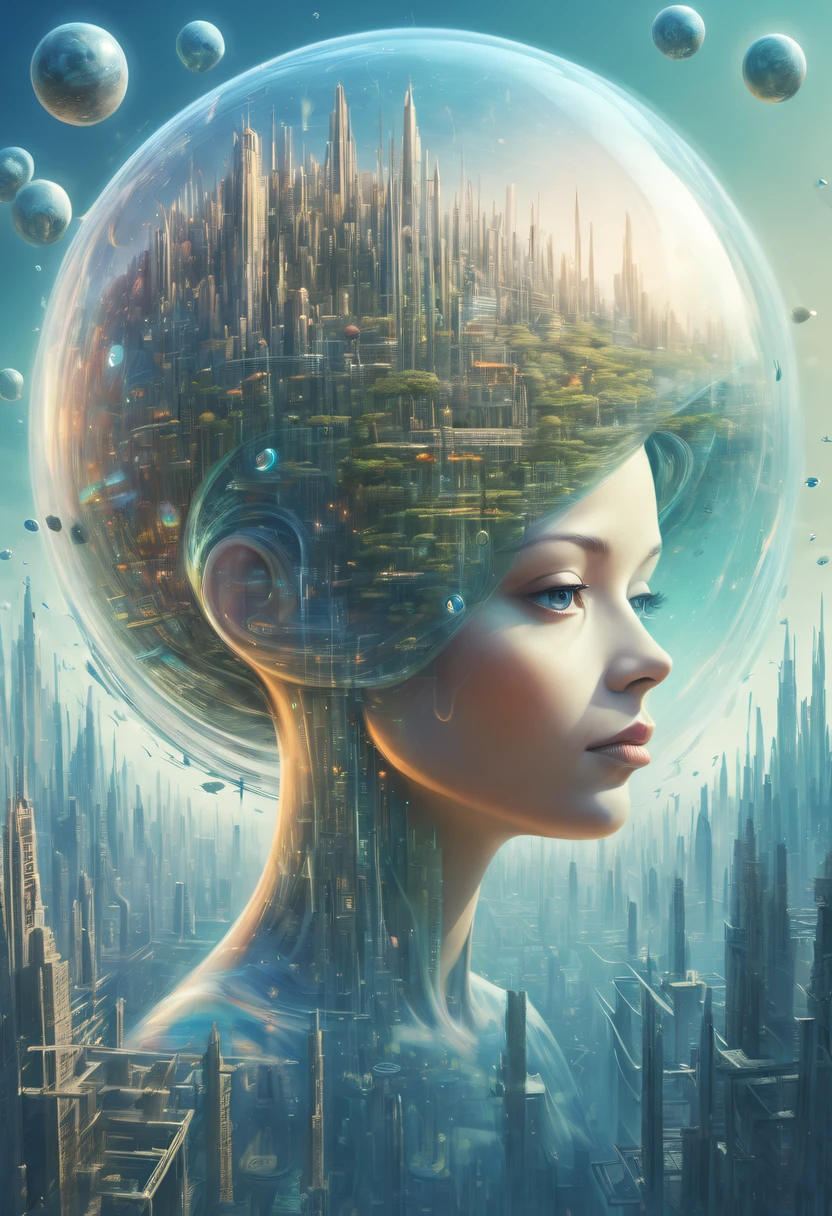 Dubrec style,Transparent person avatar,Vision of a future utopian world,(multiple exposure:1.8),Complex illustrations in surrealist art style,Surreal dreams,Future utopian world dream
