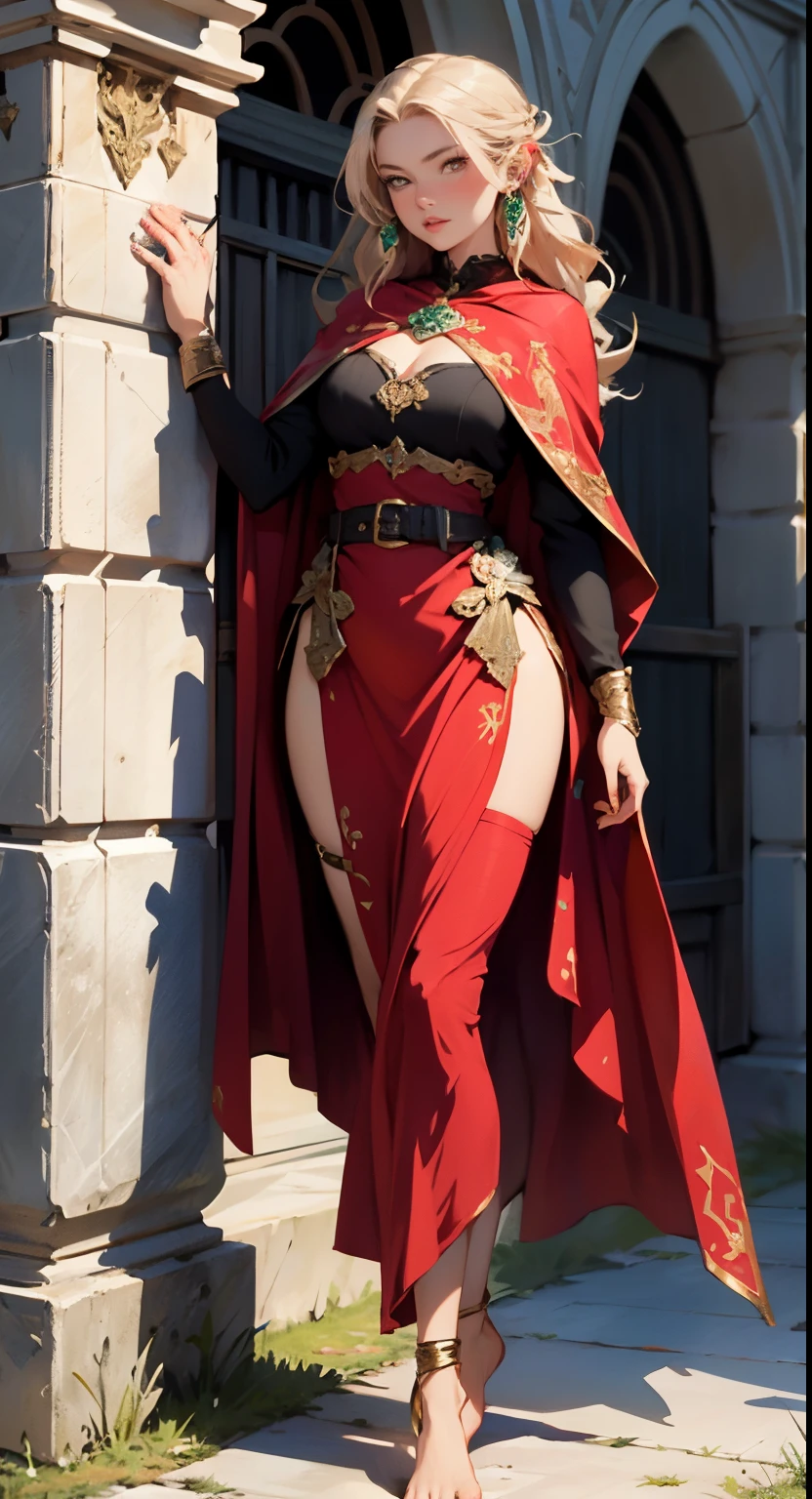 character detailing, seductive woman, hobbit, single, without shoes, bare feet, long flowing hair, bright red cape, fair skin, medieval, adventurer, fantasy, brown eyes, sultry, large sword on belt, bone and gold bracelets, lots of shadows, dark colors, revealing short flowing dress, dress with elaborate design celtics,