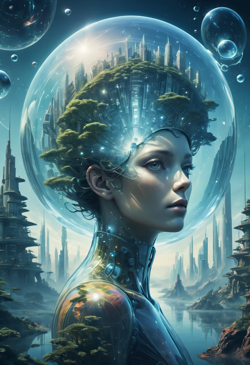 Dubrec style，Transparent person avatar，Visionary image of a future utopian world，（multiple exposure：1.8），Complex illustrations in surrealist art style，Surreal dreams，Future utopian world dream