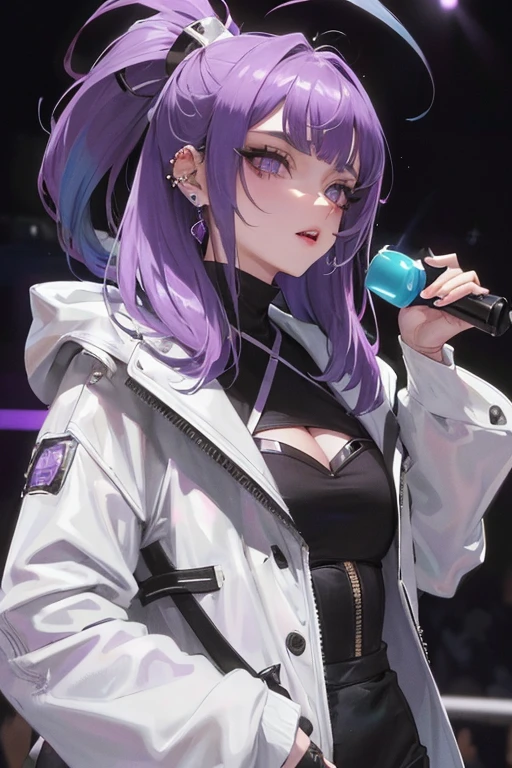 masutepiece, best quality, uma mulher de 20 anos, cara fria,Sombra,Bery cabelo curto,livestream,Purple eyes,cabelo blac,Gargantilha com pedras azul-violeta,sharp eyes,roupa apertada,Fundo misto com preto, azul e verde,tambor,Os artistas,audience,alto contraste,fechar para cima,beautiful lips,grandes piercings,Jaqueta Preta Grande,Sexy fragrance,Grains of light,Franja com franja