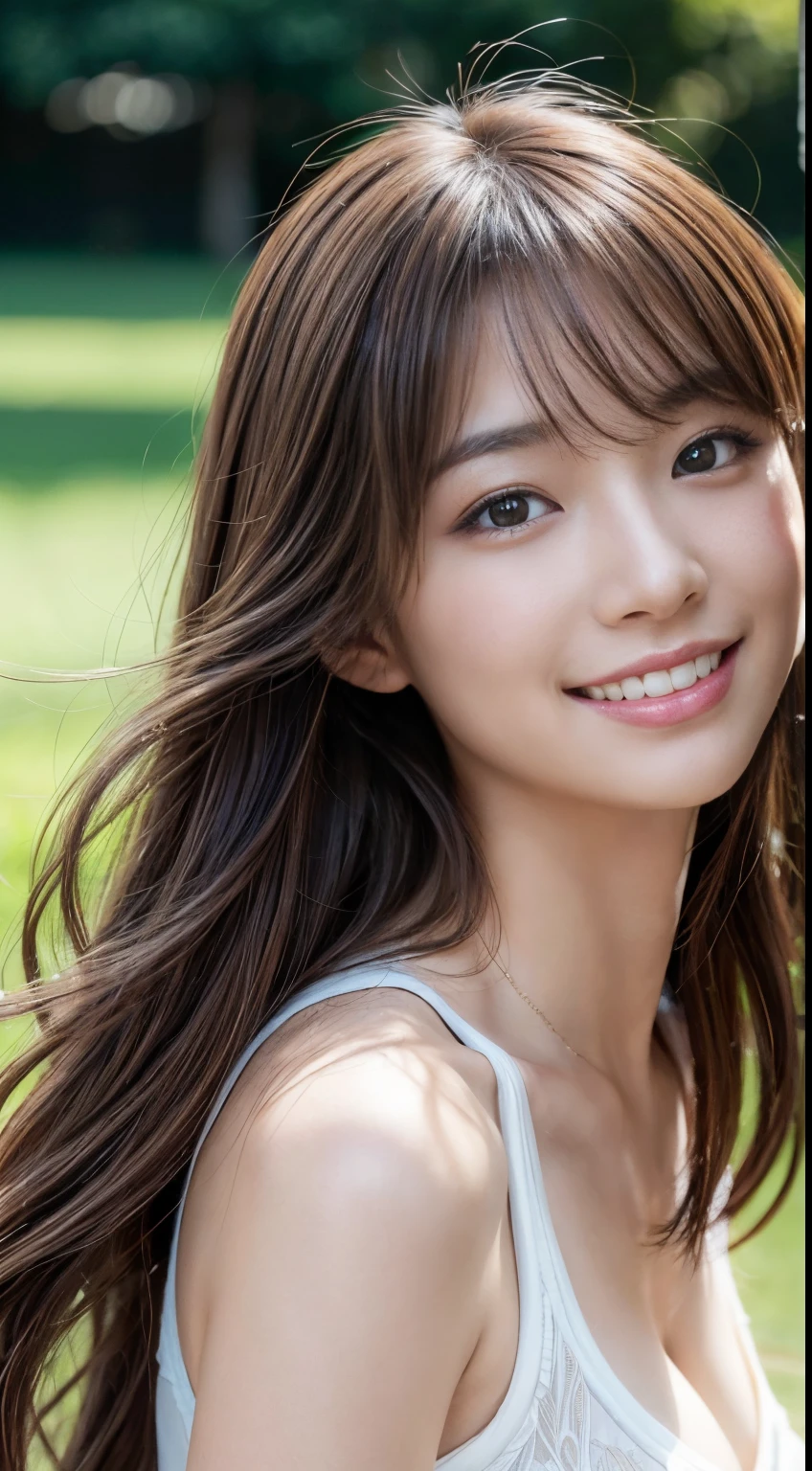 masutepiece, Best Quality, Photorealistic, Ultra-detailed, finely detail, High resolution, 8K Wallpaper, 1 beautiful woman, Wear sleeveless fashionable clothes, at campus, light brown messy hair, Perfect dynamic composition, Beautiful detailed eyes, Smiling happily, Perfect teeth visible, foco nítido, Detailed skin texture, detailed hairs、Slimed、A slender、Model body type、Brown hair