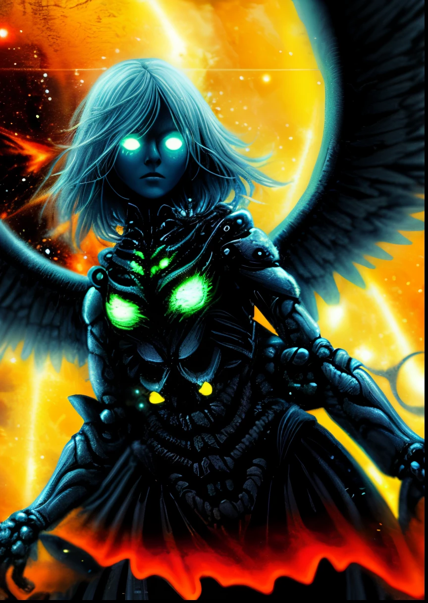 Cosmic Fallen female Angel, black caved in eyes, Biomechanical, eerie, Creepy, nightmarish, Very bright colors, Light particles, with light glowing, Mshiff, wallpaper art, UHD wallpaper, cosmic background