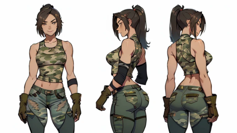 ((Best Quality)), ((Masterpiece)), ((Realistic)) 24 year old, filipina, shoulder length hair, confident smirk ((athletic)) (small breasts), ((( camouflage uniform, torn tank top, gloves and torn military pants ))) ((sexy)) short hairstyle (((detailed character sheet, frontal view, side view, three quarter view, back view))) (((white background))) 6 and a half heads full body