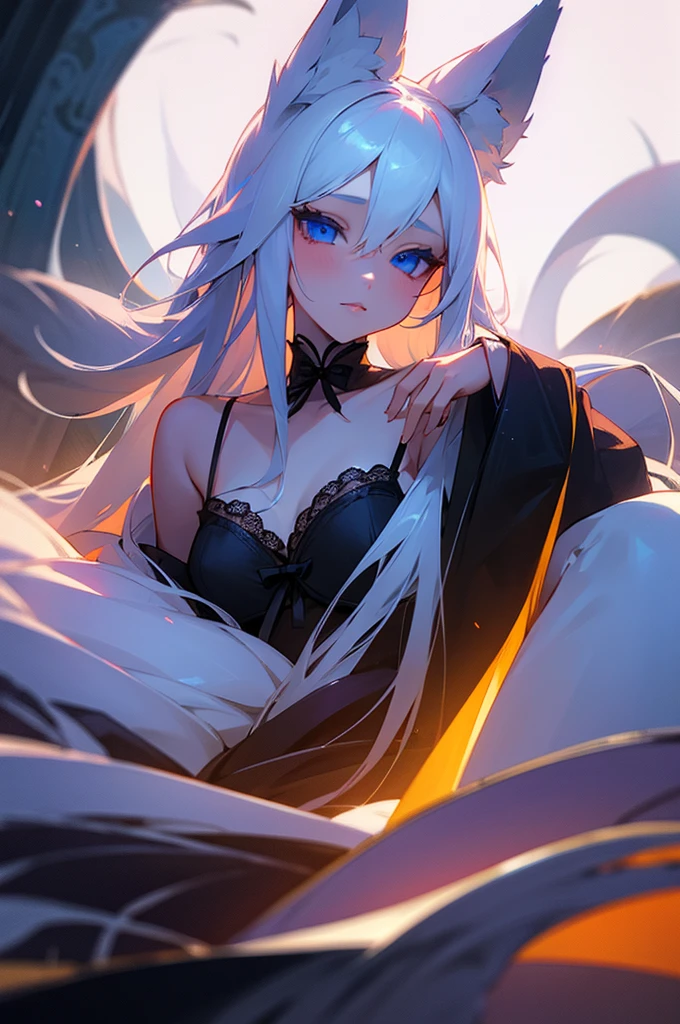 Beautiful young girl, long white hair, blue eyes, dimly-lit, bedroom, kitsune, fox-ears, fox-tail, lingerie.