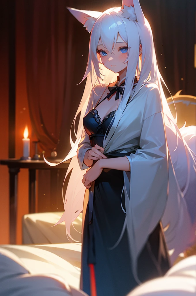 Beautiful young girl, long white hair, blue eyes, dimly-lit, bedroom, kitsune, fox-ears, fox-tail, lingerie.