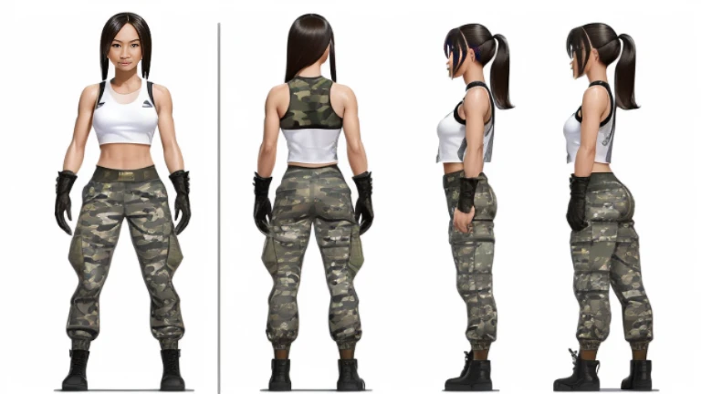 ((Best Quality)), ((Masterpiece)), ((Realistic)) 24 year old, filipina, shoulder length hair, confident smirk ((athletic)) (small breasts), ((( camouflage uniform, torn tank top, gloves and torn military pants ))) ((sexy)) short hairstyle (((detailed character sheet, frontal view, side view, three quarter view, back view))) (((white background))) 6 and a half heads full body
