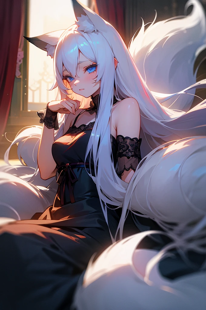Beautiful young girl, long white hair, blue eyes, dimly-lit, bedroom, kitsune, fox-ears, fox-tail, lingerie.