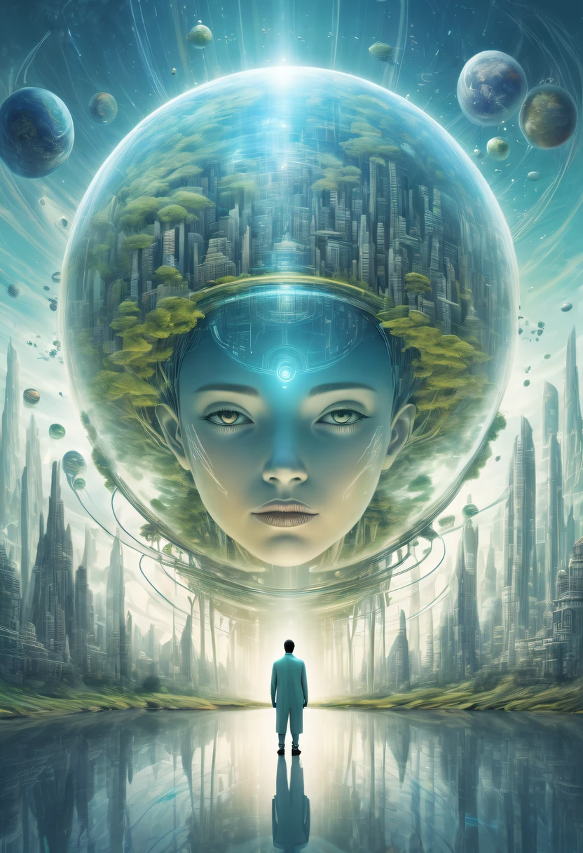Dubrec style，Transparent person avatar，Visionary image of a future utopian world，（multiple exposure：1.8），Complex illustrations in surrealist art style，Surreal dreams，Future utopian world dream