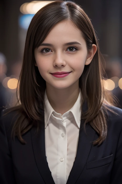 Masterpiece, Best quality, 8k, 18 ans, Photo brute, absurdes, Award-winning portrait, sourire, sourire, seulement, Nuit, neon light, Idol face, pourpre, gardénias, delicate girl, Haut du corps, DSLR, Regarder le spectateur, candid, Sophisticated, jeune, bras minces, professional lighting, grain du film, aberration chromatique, (Detailed eyes and face:1.0), (Bokeh:1.1), in love, small breasts, lawyer outfit, professional clothes, pantsuit, blouse, suit top, smirking