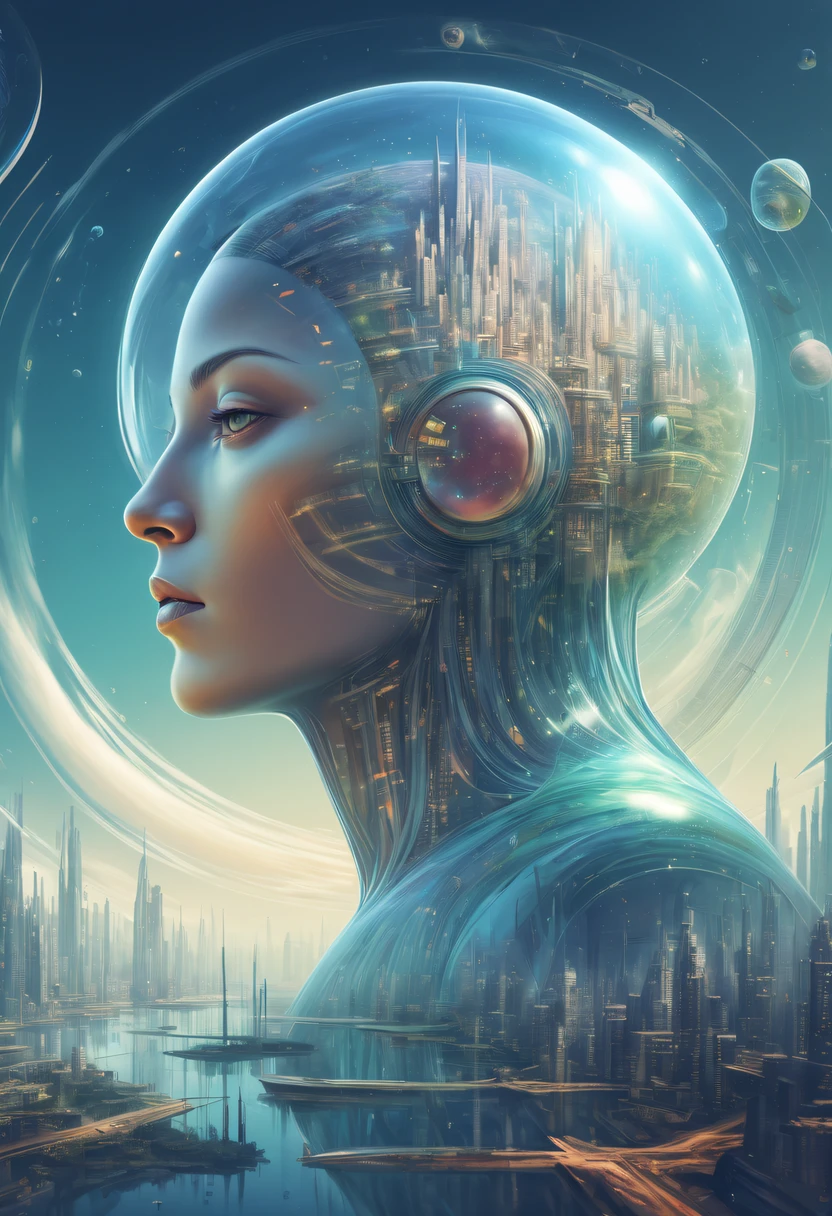 Dubrec style,Transparent person avatar,Visionary image of a future utopian world,(multiple exposure:1.8),Complex illustrations in surrealist art style,Surreal dreams,Future utopian world dream