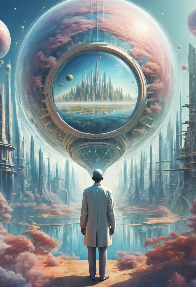 Dubrec style，Transparent person avatar，Visionary image of a future utopian world，（multiple exposure：1.8），Complex illustrations in surrealist art style，Surreal dreams，Future utopian world dream