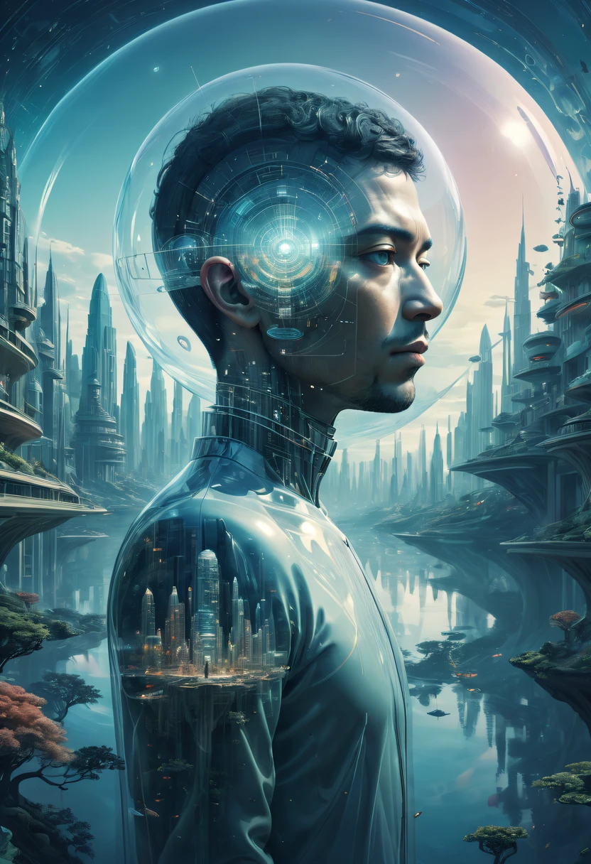 Dubrec style,Transparent person avatar,Vision of the future utopian world image,(multiple exposure:1.8),Complex illustrations in surrealist art style,Surreal dreams,Future utopian world dream
