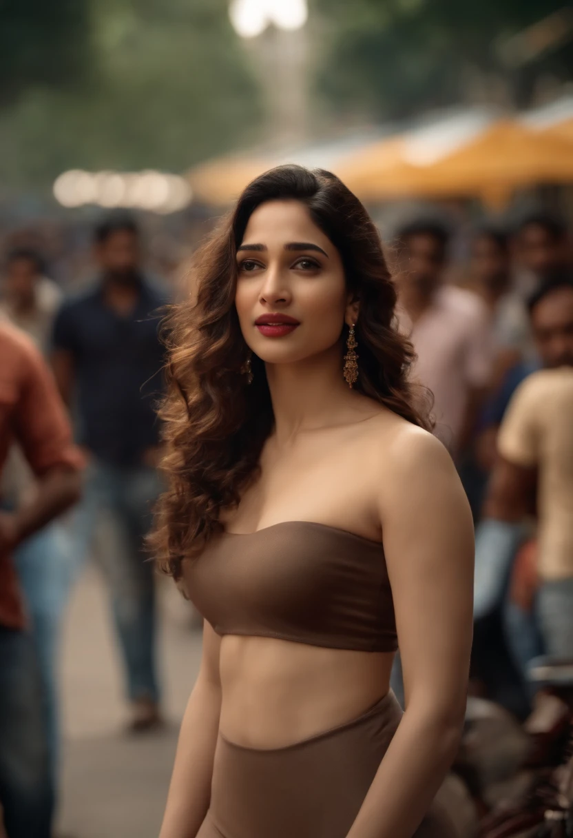 Fully Naked girl looking exactly like Tamannah Bhatia spreading her pussy in a busy public square, many onlookers. She is shy.