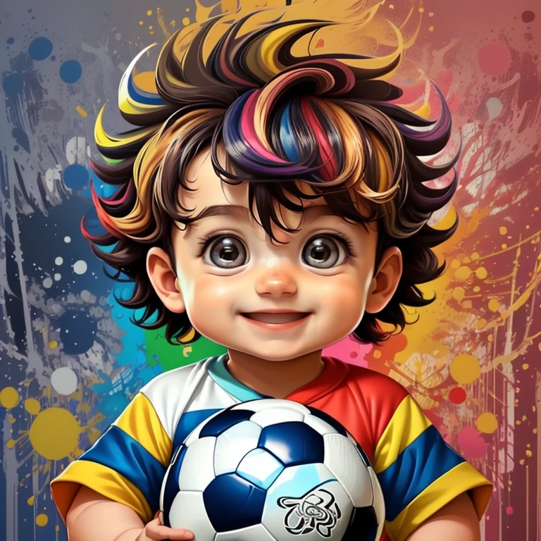 (cute baby boy with a soccer ball smiling),(melhor pose),(best angle), (better expression), Eduardo Kobra acolchoamento ,multidimensional geometric wall PORTRAIT, arte, Chibi,
Yang08k, lindo, Colouring,
Primary works, qualidade superior, melhor qualidade, Arte Oficial, Beautiful and Aesthetic, pelos coloridos,