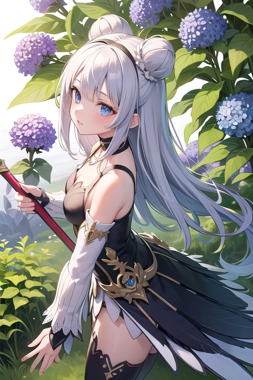 ((Extreme Detail)),(Ultra-detailed),(Painting), Chiaroscuro, the Extremely Detailed CG Unity 8K Wallpapers, Gwendolyn, Hip feathers, polearm holding, straplessdress, diadems, Detached sleeves, Choker, Armored Thigh Boots, Feather hair bun, Facing forward, Looking at Viewer, White background, bug, butterfly, tussock, hydrangeas, fronds, mushroom, Nature, plant, apple, Looking away, Looking Up, From above,
