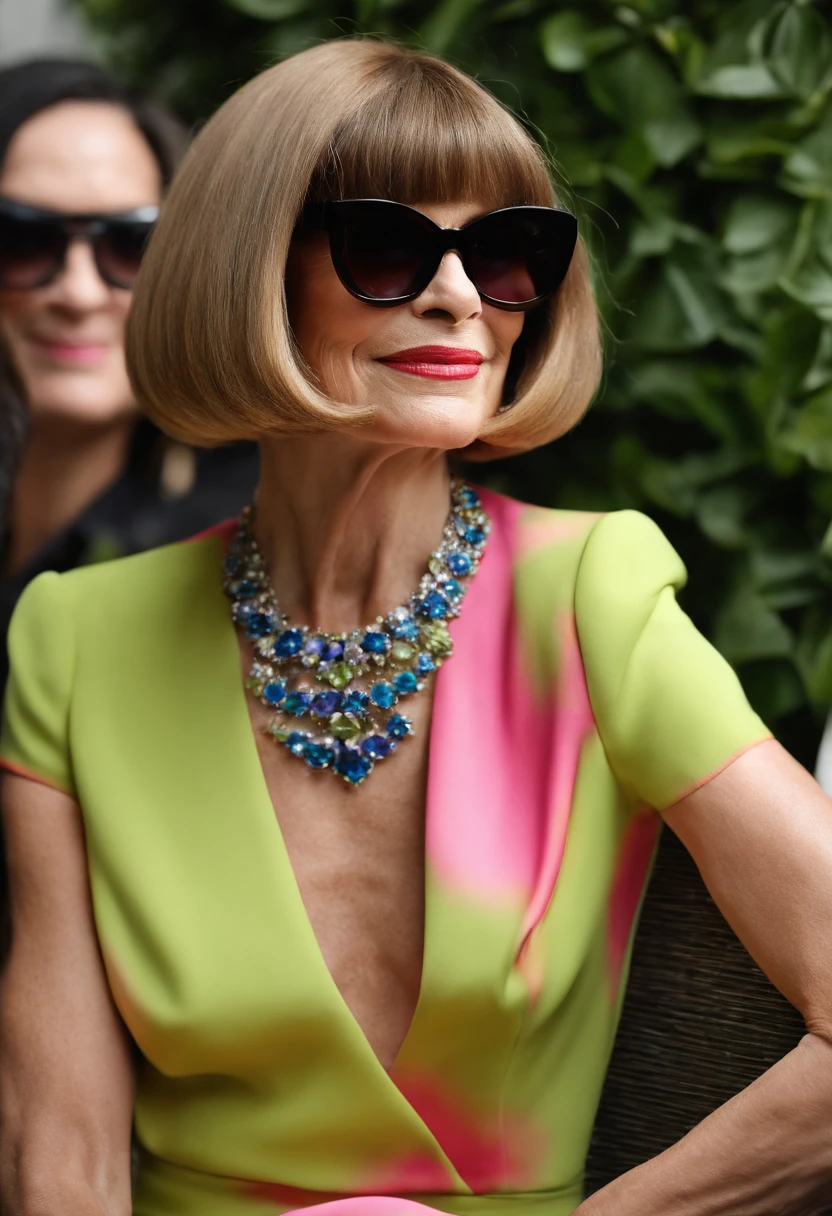A shot of a glamorous cocktail with a unique and colorful garnish,original,Anna Wintour, the influential editor-in-chief of Vogue magazine, is renowned for her distinctive and polished appearance. She is often seen with a sharp, sleek bob haircut and oversized dark sunglasses, which have become her trademark look. Her fashion style is impeccable and sophisticated, usually featuring designer outfits that are both elegant and assertive. , female