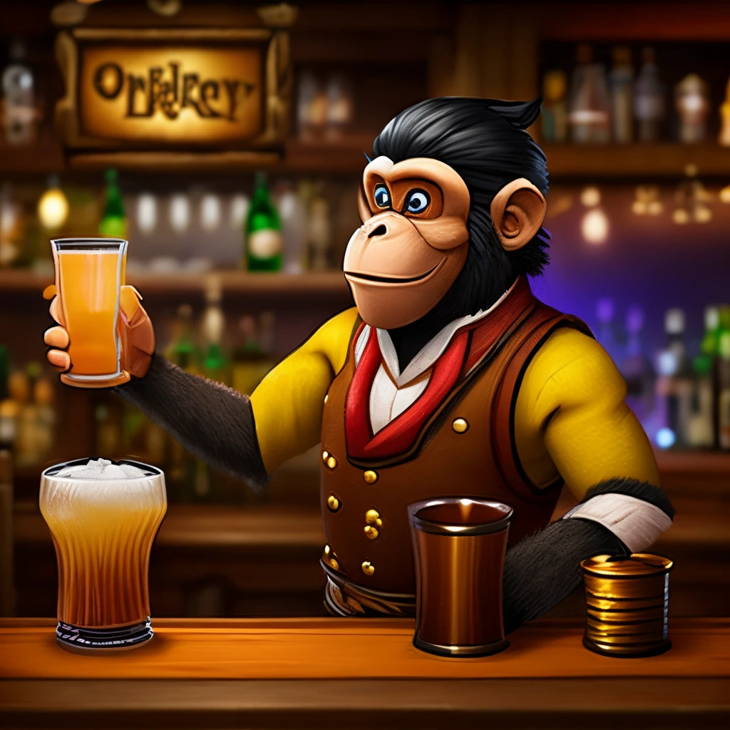 monkey bartender, fantasy, background tavern, drinks, food and people, happy face